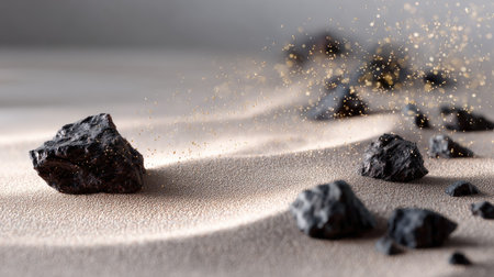 Small dark rocks and particles distributed randomly on a soft neutral surfaceの素材