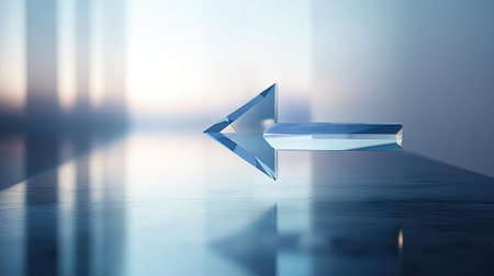 This striking image showcases a glass arrow pointer, capturing light and reflections on a sleek surface, representing direction and decision-making in a calm, modern atmosphere.の素材