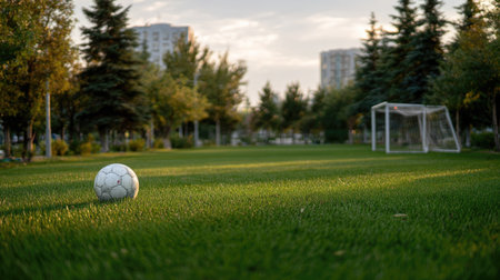 Soccer ball on the field with goalposts in the background, the green grass well-maintained and empty of playersの素材