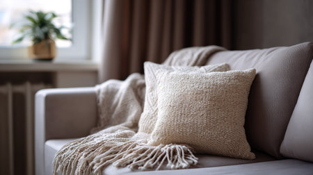 Soft pillow placed on a couch in a neutral-toned living room, inviting rest and relaxation in a cozy settingの素材