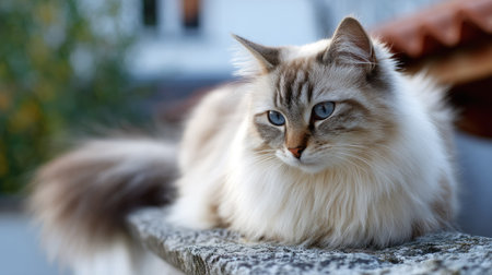 Soft and elegant long-haired cat with flowing fur, perched gracefully on a high surface with a relaxed lookの素材