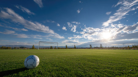 Soccer ball on an empty field, the goalposts standing tall in the distance against a bright blue skyの素材