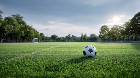 Soccer ball placed in the center of a lush green field, surrounded by freshly marked lines and goalposts in the distanceの素材