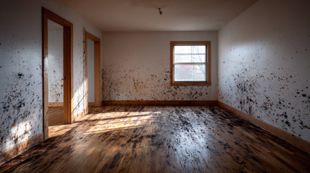 Splattered muddy prints leading into an empty room, showing the impression of human presenceの素材