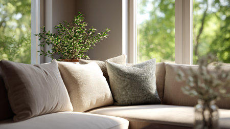 Soft fabric pillow on a corner sofa with large windows and natural light highlighting the peaceful living room atmosphereの素材