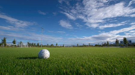 Soccer ball on an empty field, the goalposts standing tall in the distance against a bright blue skyの素材