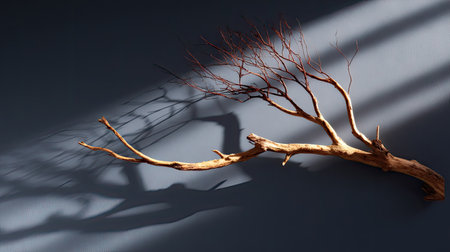 Sparse, dry tree limb floating above a deep matte background with high shadow contrastの素材
