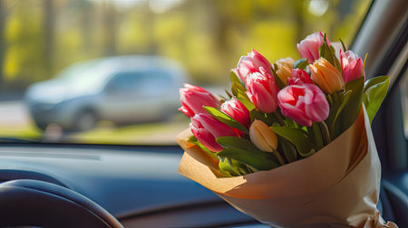 A charming bouquet of fresh tulips in various colors sits on a car dashboard, creating a cheerful and vibrant scene that captures the essence of springtime joy.の素材