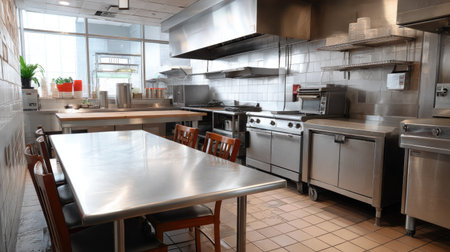 Stainless steel table surrounded by industrial appliances in a clean and organized restaurant back kitchenの素材
