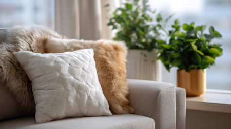 Soft pillow on a couch in a well-decorated living room, with a warm, inviting look and natural texturesの素材