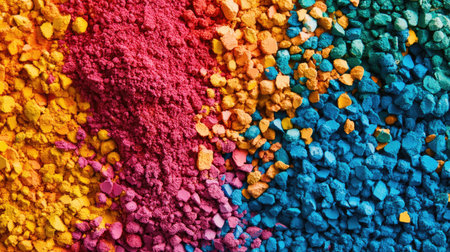 A stunning overhead view of vibrant colorful powders creates a mesmerizing backdrop. Ideal for artistic projects, design inspiration, or a colorful aesthetic.の素材