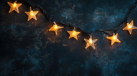 A stunning arrangement of warm glowing star-shaped lights hanging against a dark textured surface, perfect for adding a festive touch to any celebration or gathering.の素材
