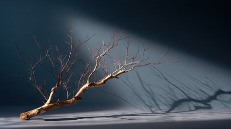 Sparse, dry tree limb floating above a deep matte background with high shadow contrastの素材