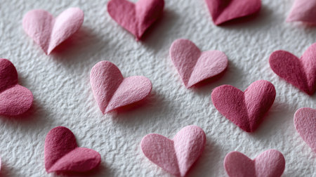 Soft pink paper hearts arranged in a random pattern on a white textured paper background, evoking romance and tendernessの素材