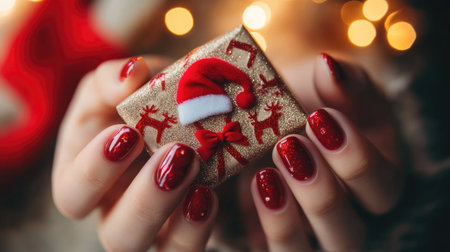 Beautifully manicured hands showcase a small Christmas gift box wrapped in glittery paper adorned with a Santa hat, set against a soft, glowing holiday light backdrop.の素材