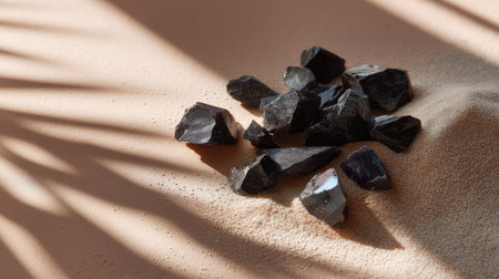 Small pieces of obsidian rock randomly placed on matte sand-colored ground with soft shadowsの素材