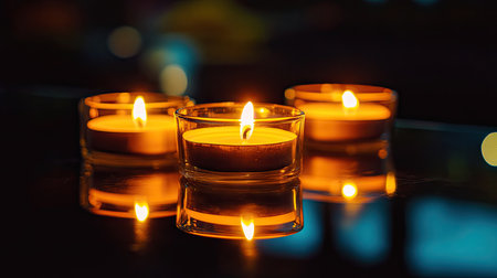 A serene scene featuring three glowing candles that create a warm and inviting atmosphere. The soft light reflects beautifully on a dark surface, enhancing tranquility.の素材