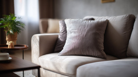 Soft pillow placed on a couch in a neutral-toned living room, inviting rest and relaxation in a cozy settingの素材