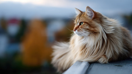 Soft and elegant long-haired cat with flowing fur, perched gracefully on a high surface with a relaxed lookの素材