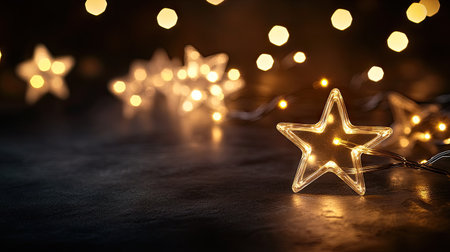 Softly glowing star-shaped fairy lights create a warm atmosphere against a dark backdrop, ideal for festive events, celebrations, and cozy gatherings.の素材