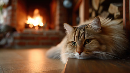 Soft and fluffy long-haired cat resting by the fireplace, its fur glowing in the warmth of the roomの素材