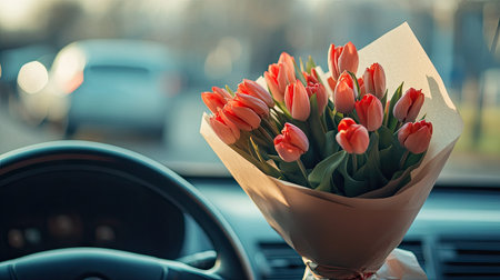 A stunning arrangement of pink tulips in a car, capturing the essence of romance and nature. Perfect for conveying love, joy, and beautiful moments during travel.の素材