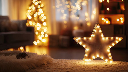 A beautifully decorated living room featuring a glowing star ornament and warm lights, perfect for creating a peaceful and festive holiday ambiance.の素材