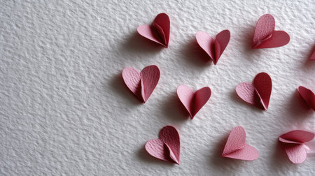 Soft pink paper hearts arranged in a random pattern on a white textured paper background, evoking romance and tendernessの素材