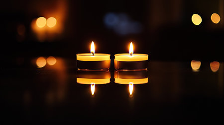 Two flickering candles create a warm and inviting atmosphere, reflecting softly on a dark surface, perfect for enhancing relaxation and romantic settings.の素材