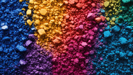 A vibrant assortment of colorful pigment powders creates an incredible visual display. This textured background captures the beauty of color and creativity in pure granules.の素材