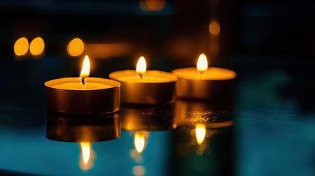 Three flickering candles illuminate a reflective surface, creating a serene atmosphere. The warm glow promotes relaxation and tranquil feelings in any cozy setting.の素材