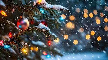 A snow-covered Christmas tree shines with colorful lights and ornaments, creating a serene winter scene filled with soft snowfall and enchanting bokeh effects.の素材