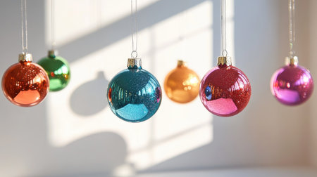 Vibrant Christmas ornaments suspended in sunlight create a warm, inviting atmosphere. Ideal for winter decoration, celebrations, and holiday inspiration.の素材