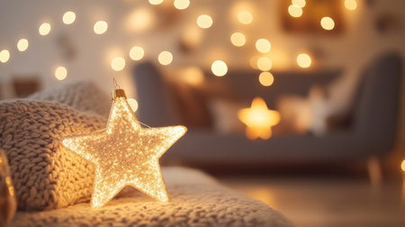 A cozy living room adorned with a sparkling star decoration and soft glowing lights creates a warm and inviting atmosphere for winter celebrations and festivities.の素材