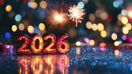 A stunning image showcasing the number 2026 in shimmering lights, surrounded by vibrant bokeh and festive fireworks, perfect for conveying holiday cheer and celebration.の素材