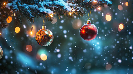 A serene winter scene featuring vibrant Christmas ornaments on a snow-covered pine branch, enhanced by soft bokeh lights and gentle falling snowflakes, evoking holiday joy.の素材