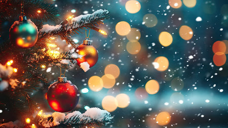 A beautiful Christmas tree adorned with colorful ornaments and gentle snowfall creates a magical winter scene, perfect for holiday celebrations and festive joy.の素材