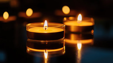 A collection of tea light candles casts a warm glow on a dark surface, creating a serene atmosphere ideal for relaxation or meditation. The flickering flames enhance tranquility.の素材