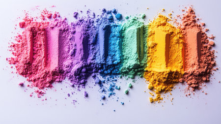 Explore a vibrant array of colored powder arranged in a rainbow spectrum. Ideal for artistic projects, crafts, festivals, and adding a burst of color to your designs.の素材