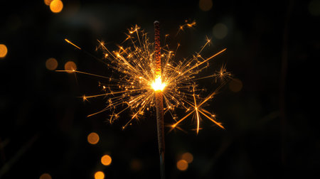 A stunning close-up of a sparkler radiating vibrant sparks in the dark. Ideal for celebrating holidays, festivals, and memorable moments filled with joy and warmth.の素材
