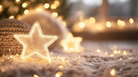 A cozy holiday scene featuring twinkling star decorations surrounded by warm lights, perfect for seasonal celebrations and creating a festive atmosphere at home.の素材