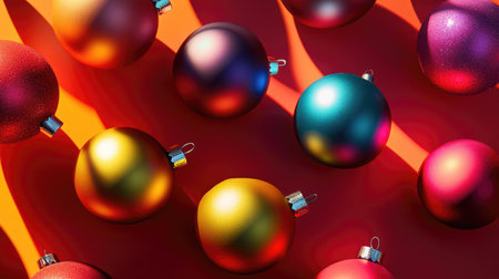 A collection of colorful Christmas ornaments resting on a vibrant red background, creating a festive atmosphere perfect for holiday-themed projects and decorations.の素材