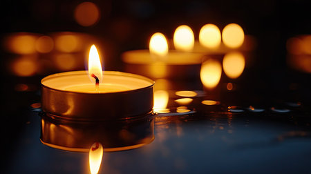 A serene scene featuring floating candles in calm water, casting warm reflections that create a peaceful atmosphere perfect for relaxation or meditation.の素材