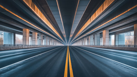 A stunning view capturing the symmetry of an urban overpass, showcasing modern architecture and design against a clear blue sky, evoking feelings of tranquility and freedom.の素材