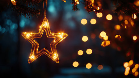 A beautiful star ornament radiates warm light, suspended from a pine branch. Soft bokeh lights create an enchanting atmosphere, perfect for Christmas celebrations.の素材