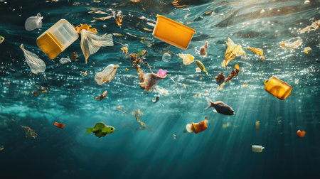 This captivating underwater image highlights the impact of plastic pollution on ocean ecosystems, showcasing various waste items amidst marine life in clear waters.の素材