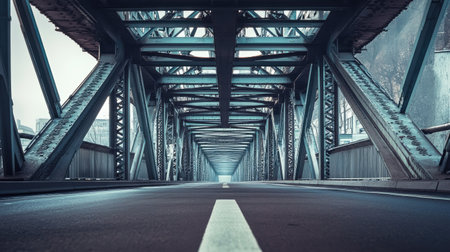 This image showcases a captivating view of a steel bridge structure, featuring intricate designs and symmetry, with an empty road running beneath a foggy environment.の素材