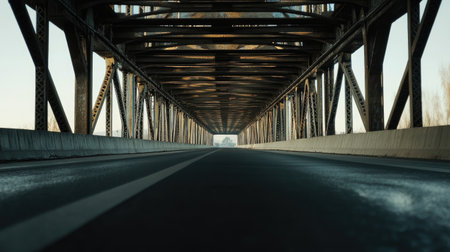 A captivating view beneath a grand metal bridge, showcasing the symmetrical architecture and leading lines of the road ahead under a serene sky.の素材
