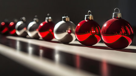 A captivating display of red and white Christmas ornaments arranged in a row, showcasing brilliant reflections and soft shadows that evoke holiday warmth.の素材