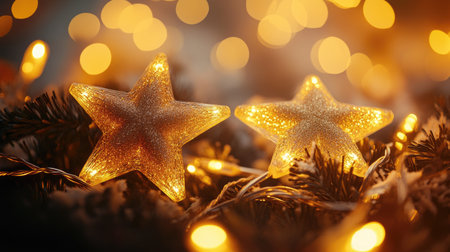 Enchanting glowing stars on a soft bokeh background evoke a magical holiday spirit, perfect for winter events, decoration needs, and seasonal themes.の素材